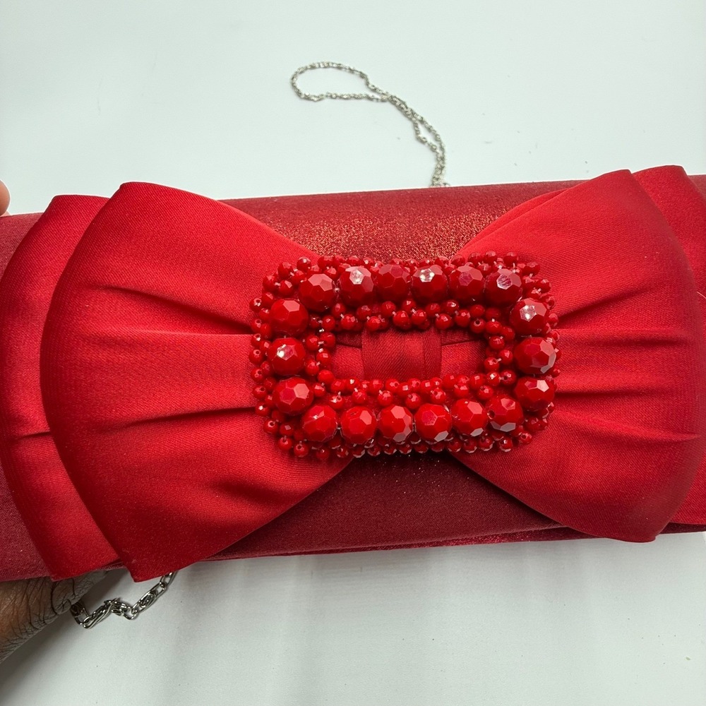Whittall & Shon Red Satin Bow Beaded Buckle Evening Clutch Shoulder Bag